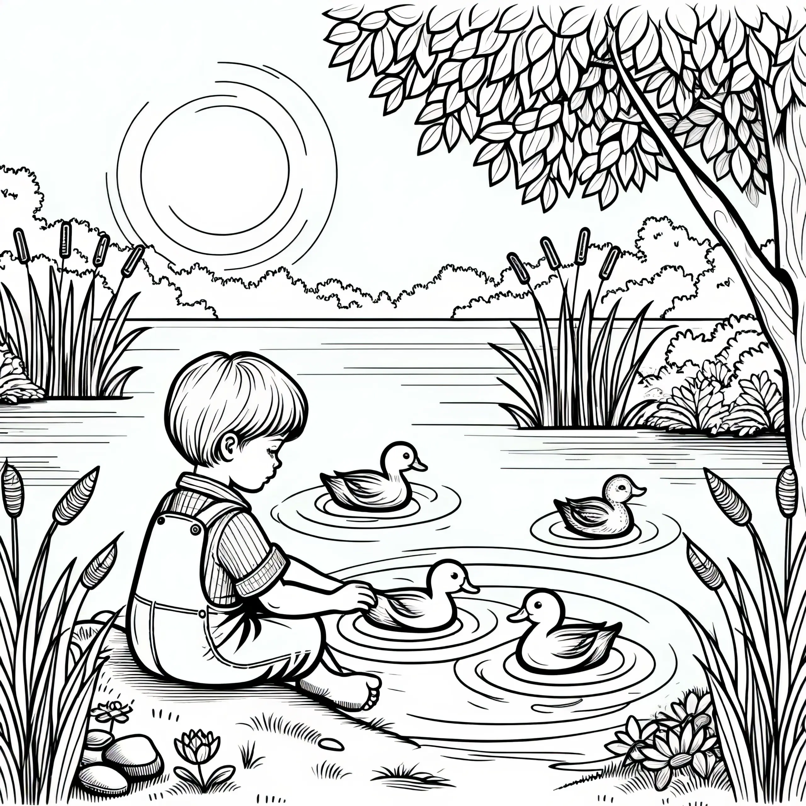 Kind am Teich mit vier süßen Enten: Malvorlage zum Download (Gratis) (Ausmalbild)