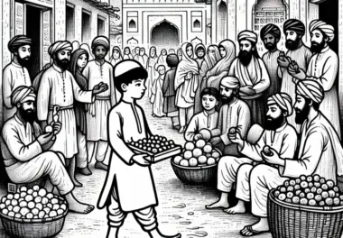 Kind trägt Früchte auf einem Markt voller Menschen – Ausmalbild islamische Kultur