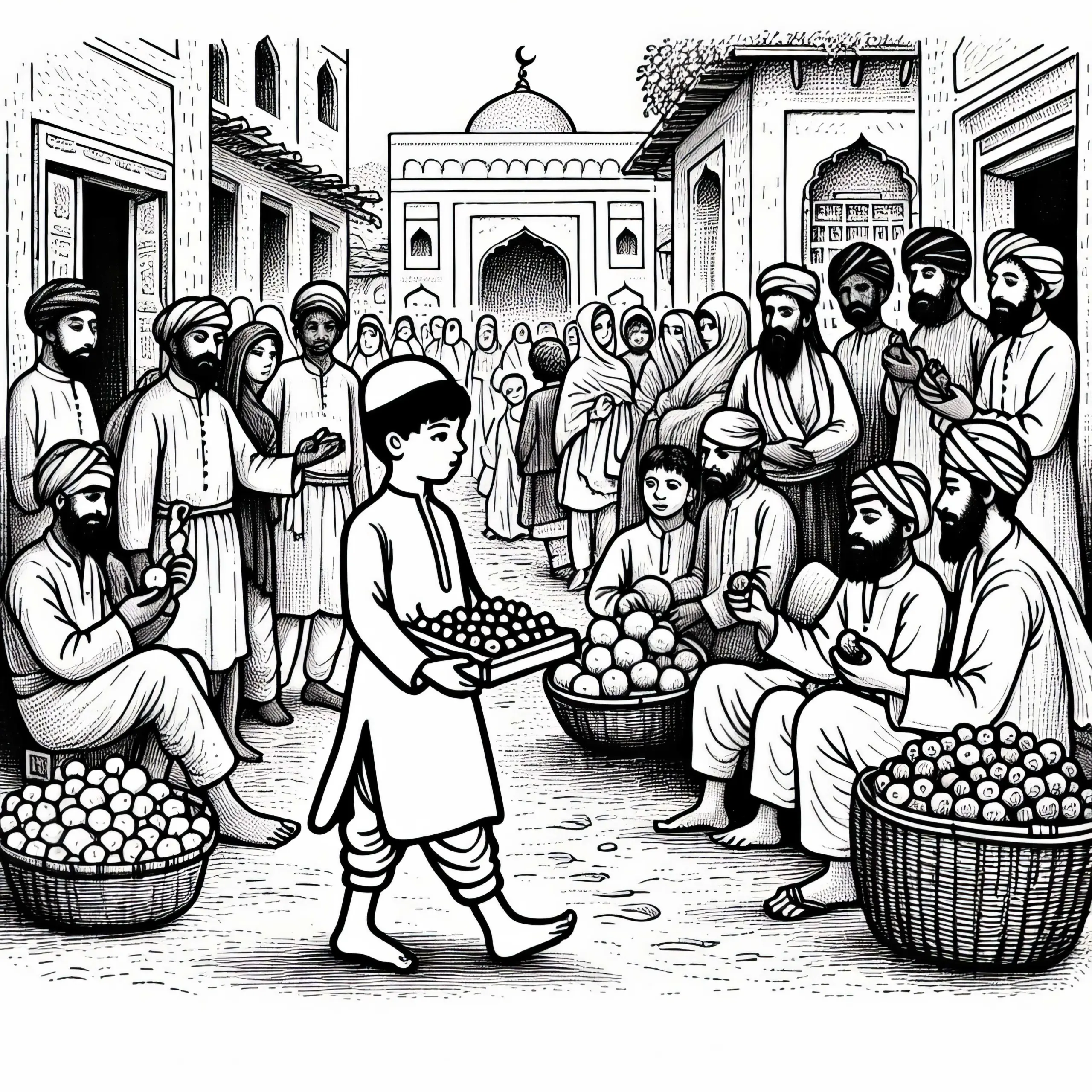 Kind trägt Früchte auf einem Markt voller Menschen – Ausmalbild islamische Kultur