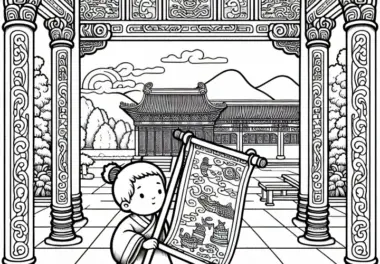 Kind trägt Schriftrolle durch Hof mit Säulen – Ausmalbild Altes China kostenlos
