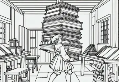 Kind trägt Stapel Bücher in der Werkstatt – Malvorlage Renaissance gratis