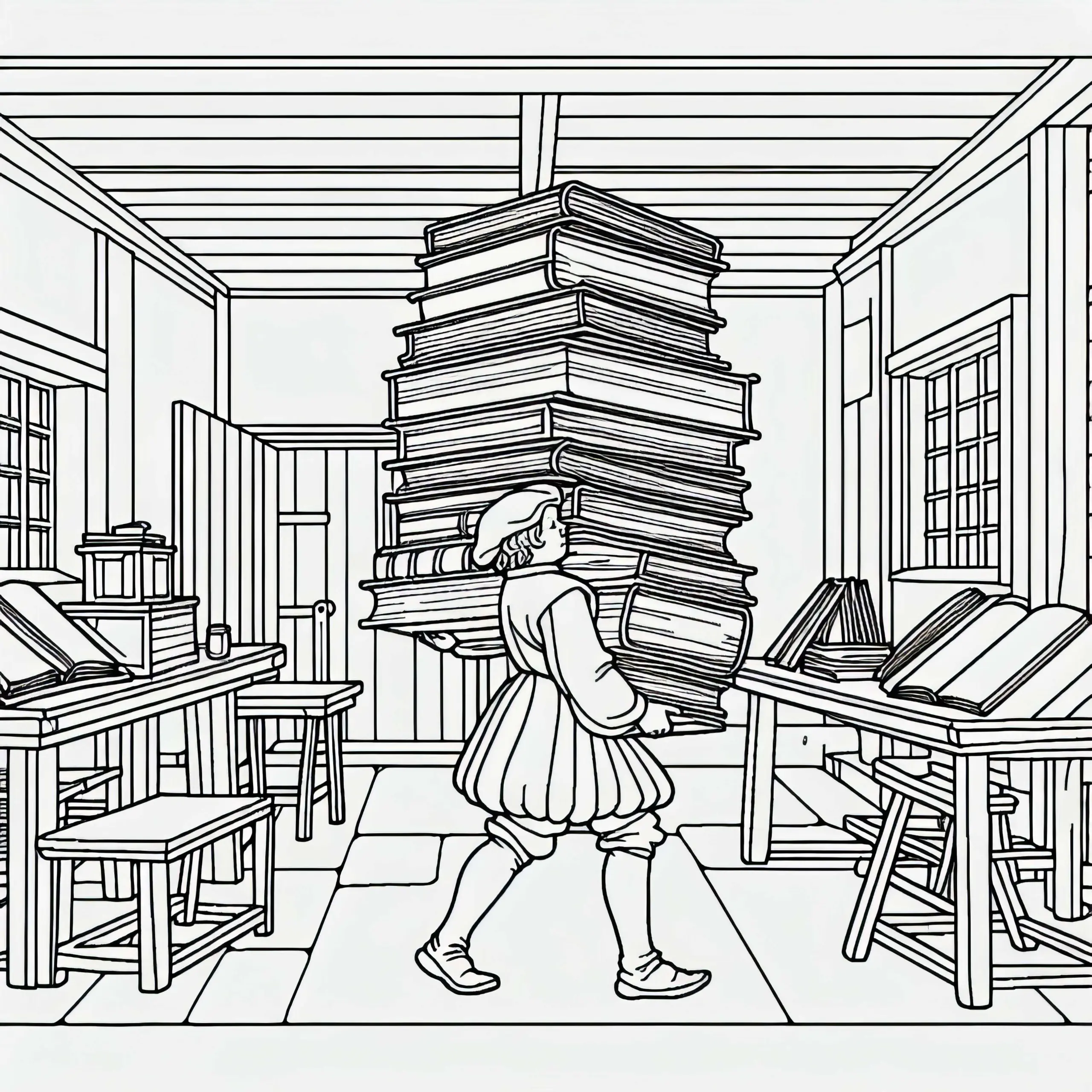 Kind trägt Stapel Bücher in der Werkstatt – Malvorlage Renaissance gratis (Ausmalbild)