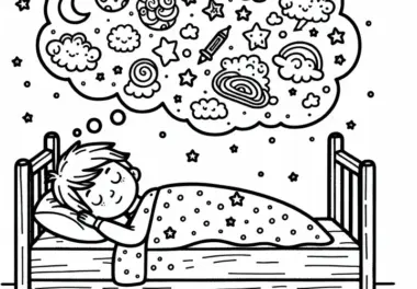 Kind träumt über seinem Bett: Fliegen mit Fantasiegestalten in Wolkenform – Ausmalbild gratis