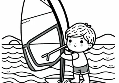 Kind trainiert Windsurfen – Ausmalbild gratis