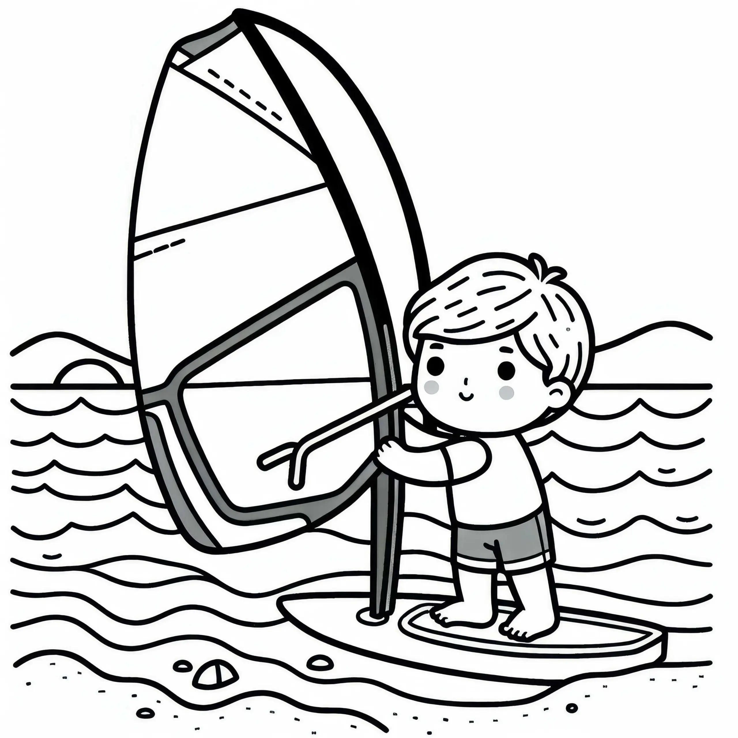 Kind trainiert Windsurfen – Ausmalbild gratis