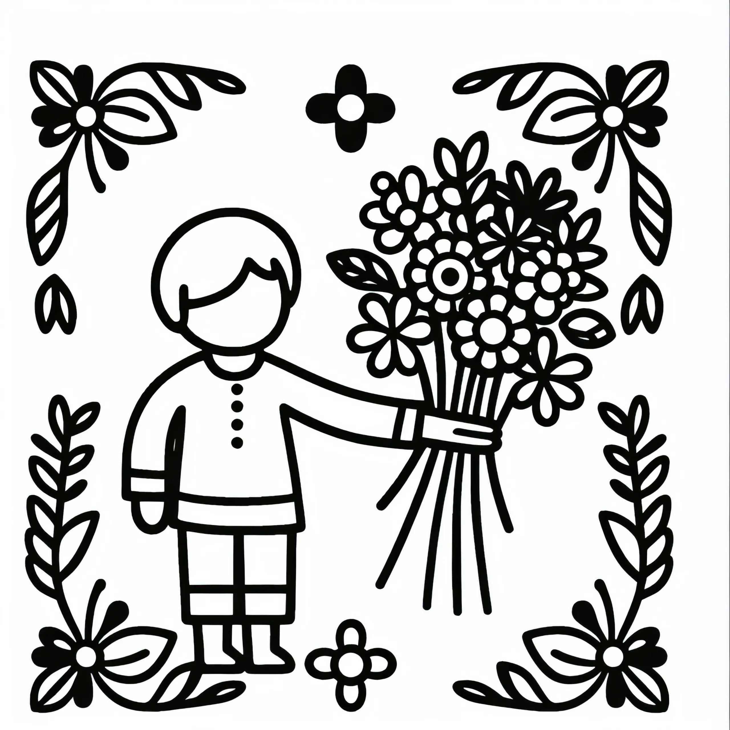 Kind überreicht Blumenstrauß Malvorlage gratis (Ausmalbild)