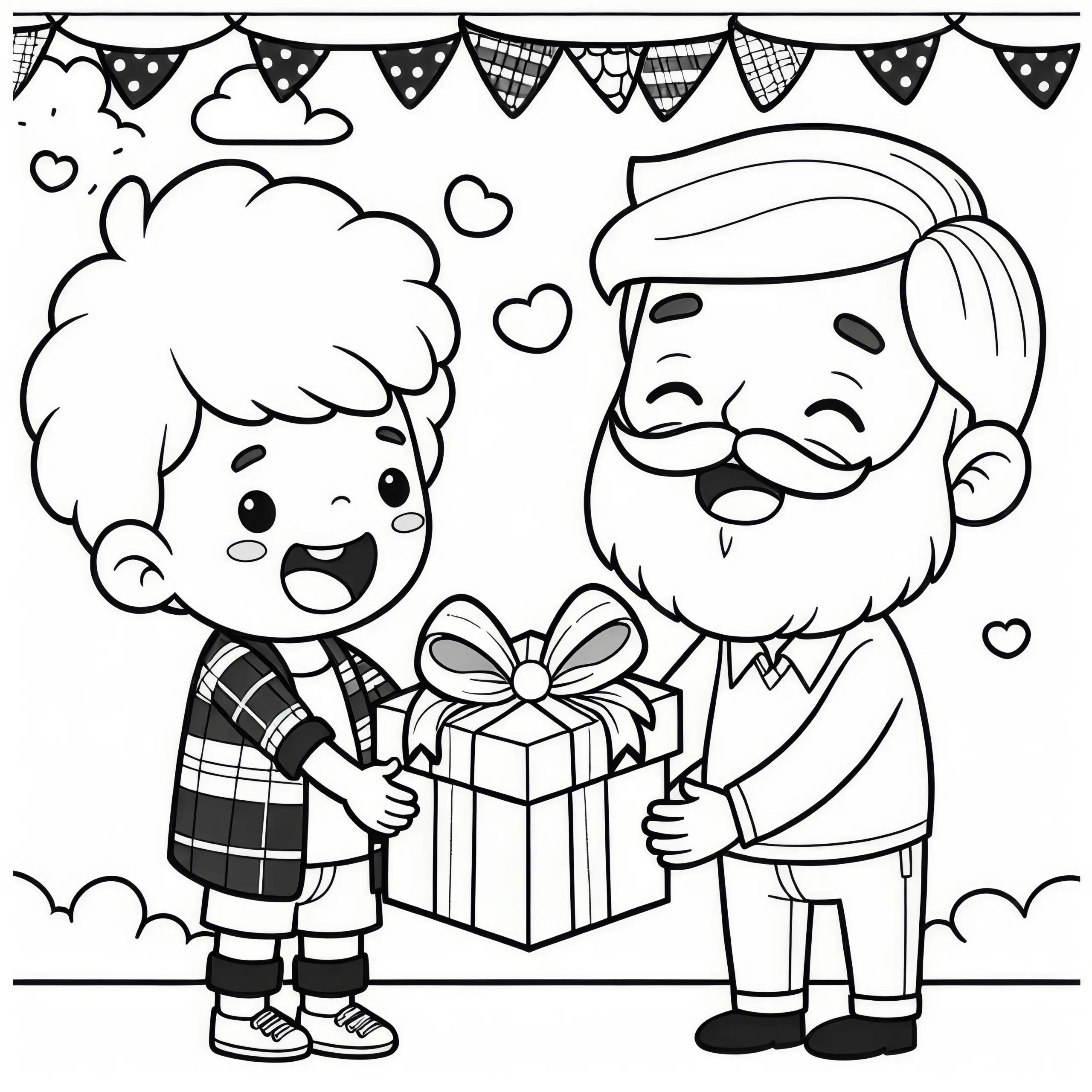 Kind überreicht Vater ein Geschenk am Vatertag: Kostenlose Malvorlage (Ausmalbild)