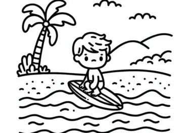 Kind übt auf Surfbrett – Ausmalbild kostenlos