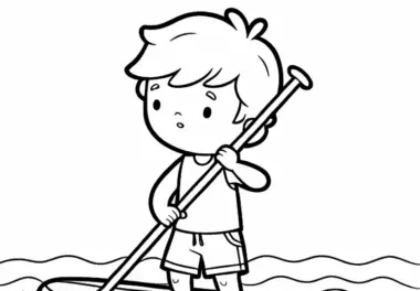 Kind übt beim Stand-up-Paddling vorsichtig das Paddeln auf flachem Wasser