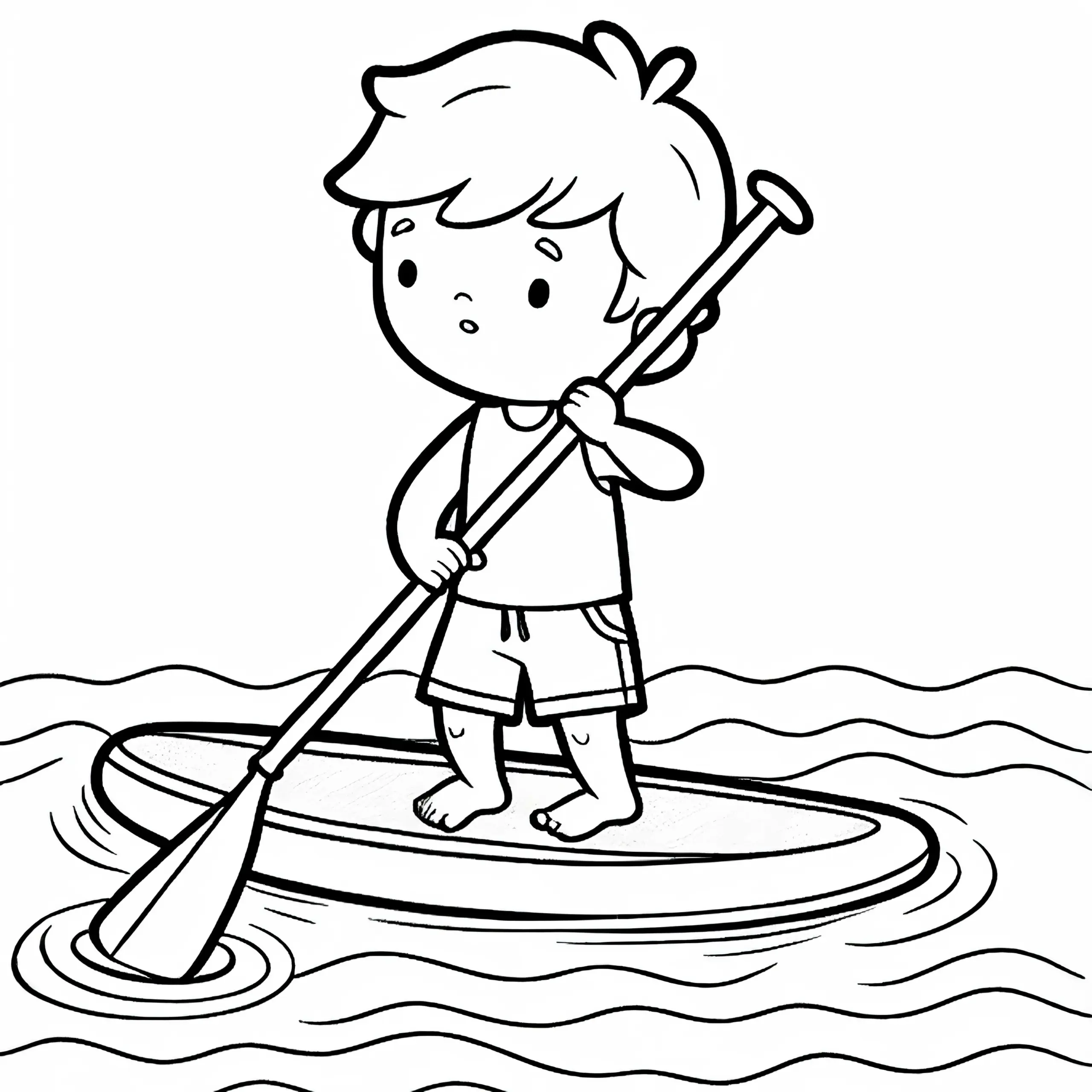 Kind übt beim Stand-up-Paddling vorsichtig das Paddeln auf flachem Wasser (Ausmalbild)