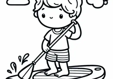 Kind übt das Gleichgewicht auf Paddleboard – Ausmalbild kostenlos