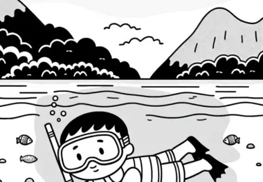 Kind übt das Schnorcheln im flachen Wasser – Ausmalbild kostenlos