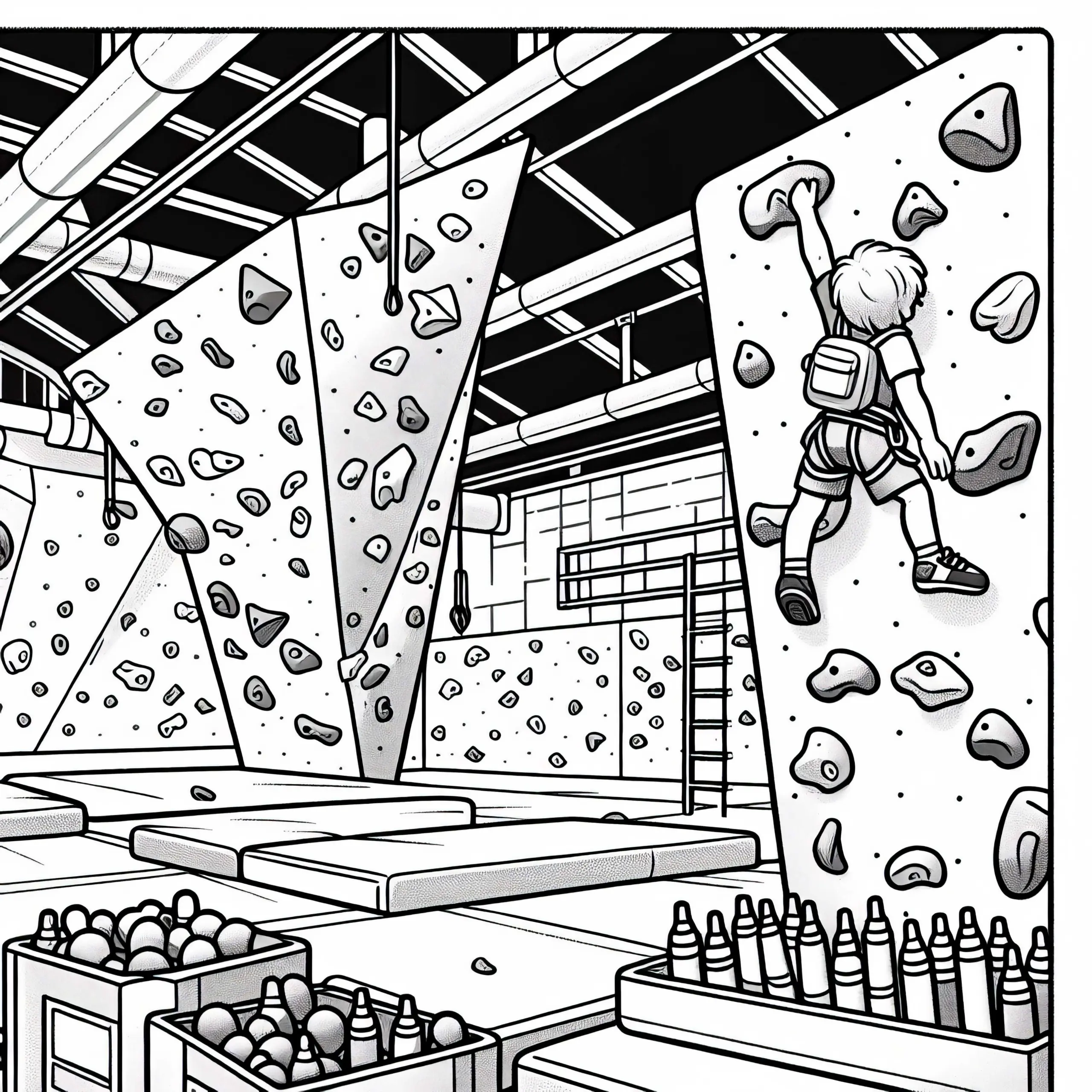 Kind übt Klettern in der Boulderhalle – Malvorlage Kostenlos (Ausmalbild)