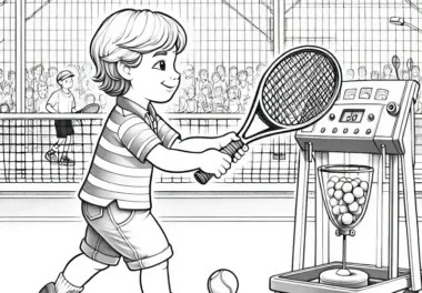 Kind übt Tennis spielen mit Ballmaschine – Malvorlage detailreich gratis