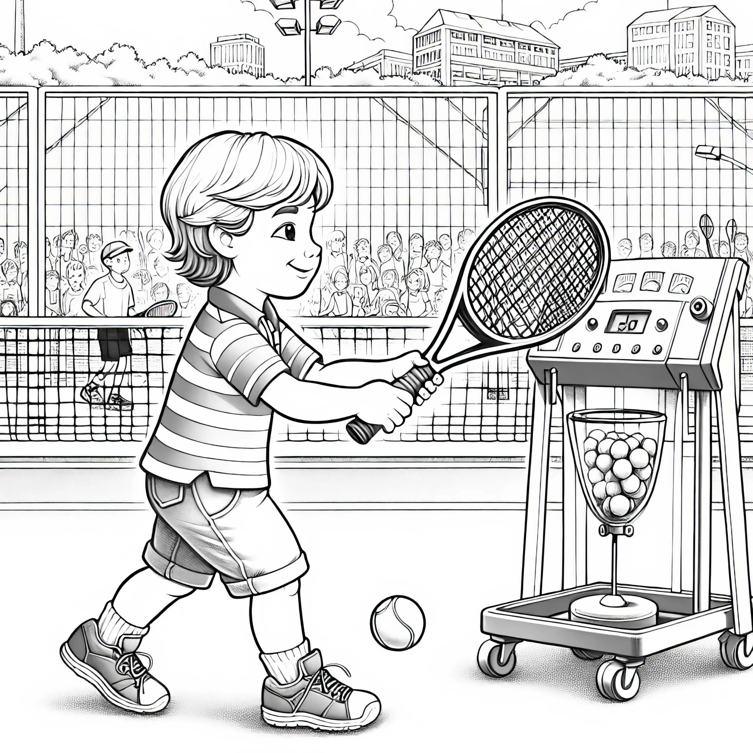Kind übt Tennis spielen mit Ballmaschine – Malvorlage detailreich gratis (Ausmalbild)