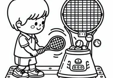 Kind übt Tennis spielen mit Ballmaschine – Malvorlage kostenlos