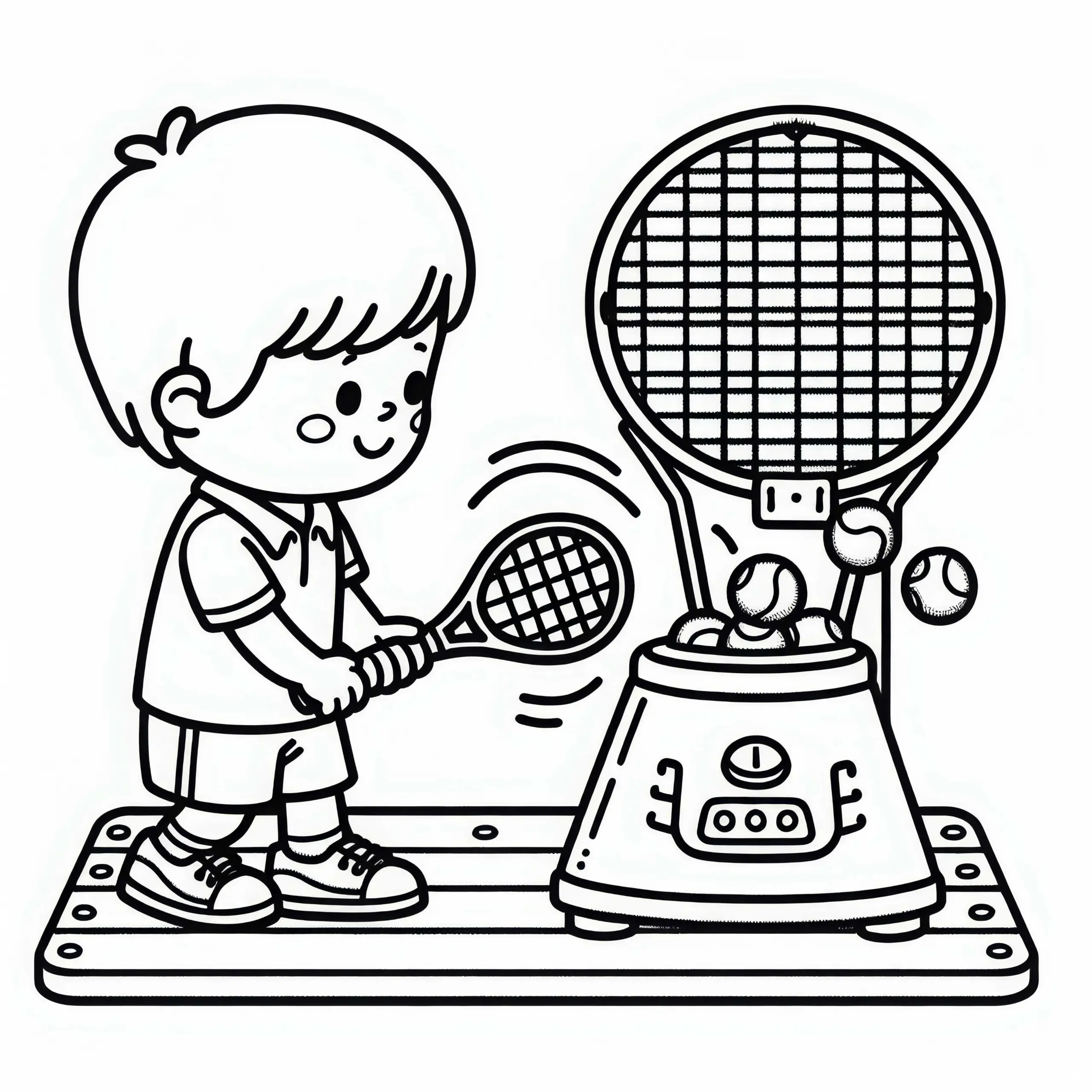 Kind übt Tennis spielen mit Ballmaschine – Malvorlage kostenlos (Ausmalbild)