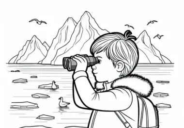 Kind verfolgt Eisschollen mit Fernglas – Malvorlage Antarktis gratis