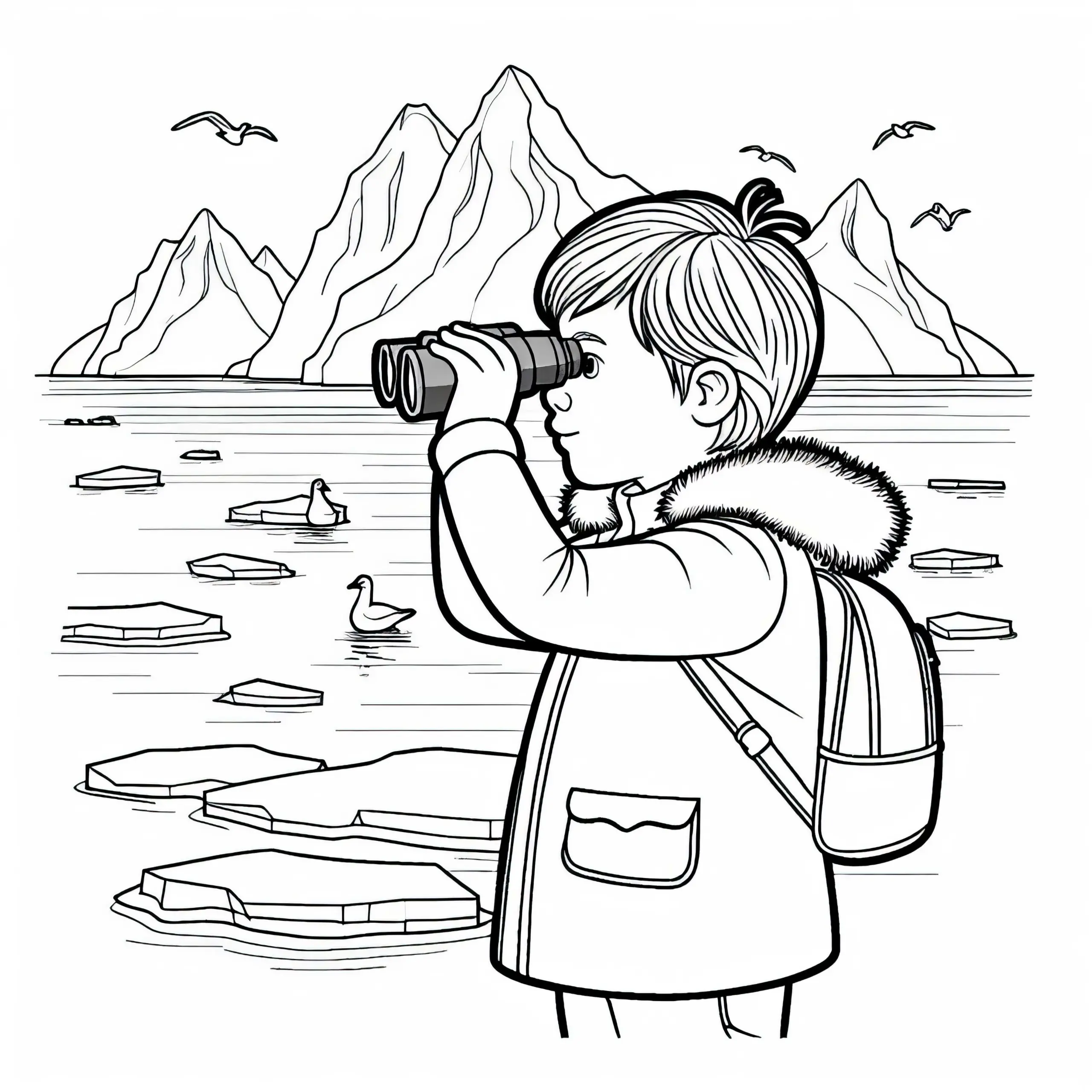 Kind verfolgt Eisschollen mit Fernglas – Malvorlage Antarktis gratis (Ausmalbild)