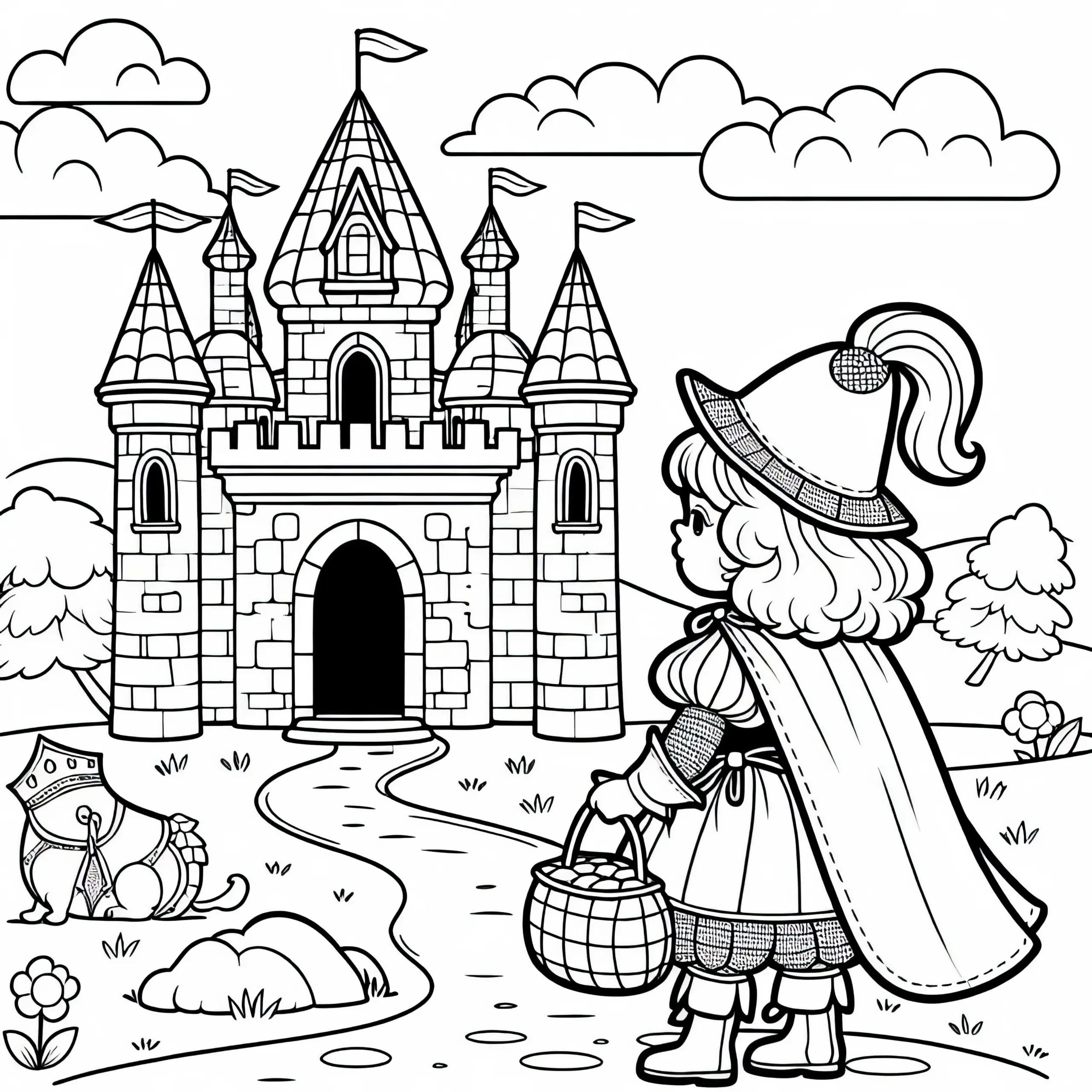 Eine Prinzessin auf dem Weg zum Märchenschloss – Ausmalbild zum Farbenspiel