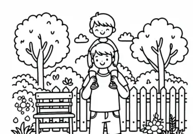 Kind wird auf Schultern von Papa durch Garten getragen – Malvorlage gratis