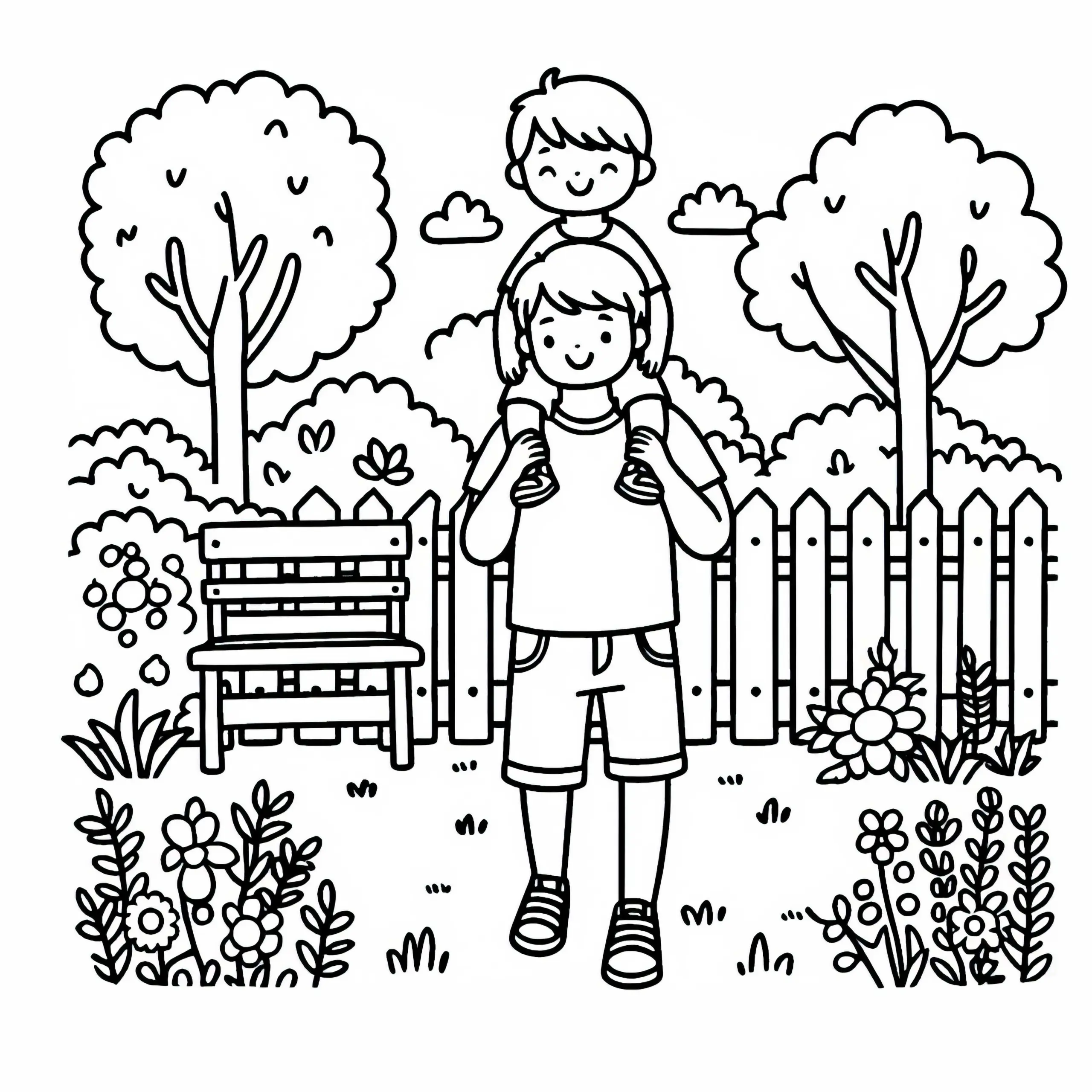 Kind wird auf Schultern von Papa durch Garten getragen – Malvorlage gratis (Ausmalbild)