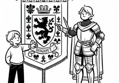 Kind zeigt auf Banner mit Familienwappen – Malvorlage Ritterzeit kostenlos