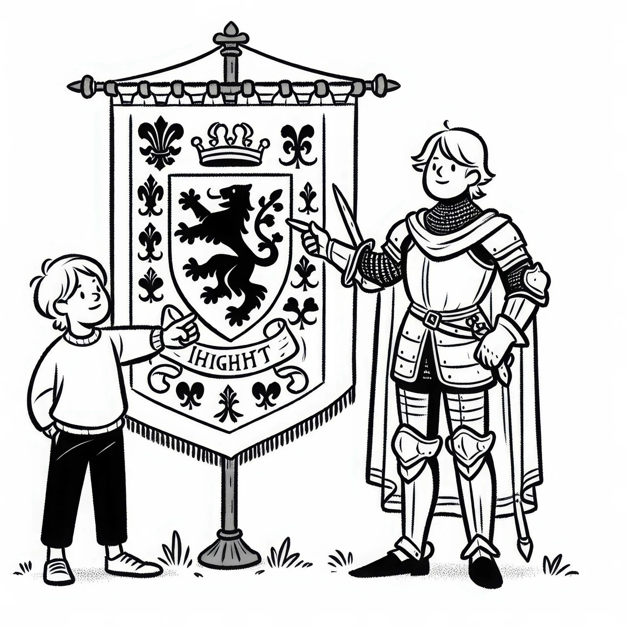 Kind zeigt auf Banner mit Familienwappen – Malvorlage Ritterzeit kostenlos (Ausmalbild)