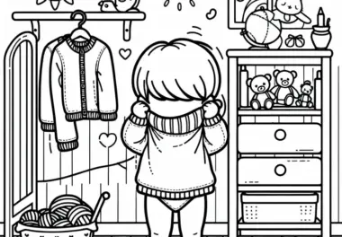 Kind zieht sich einen Pulli über den Kopf im Kinderzimmer – Ausmalbild gratis