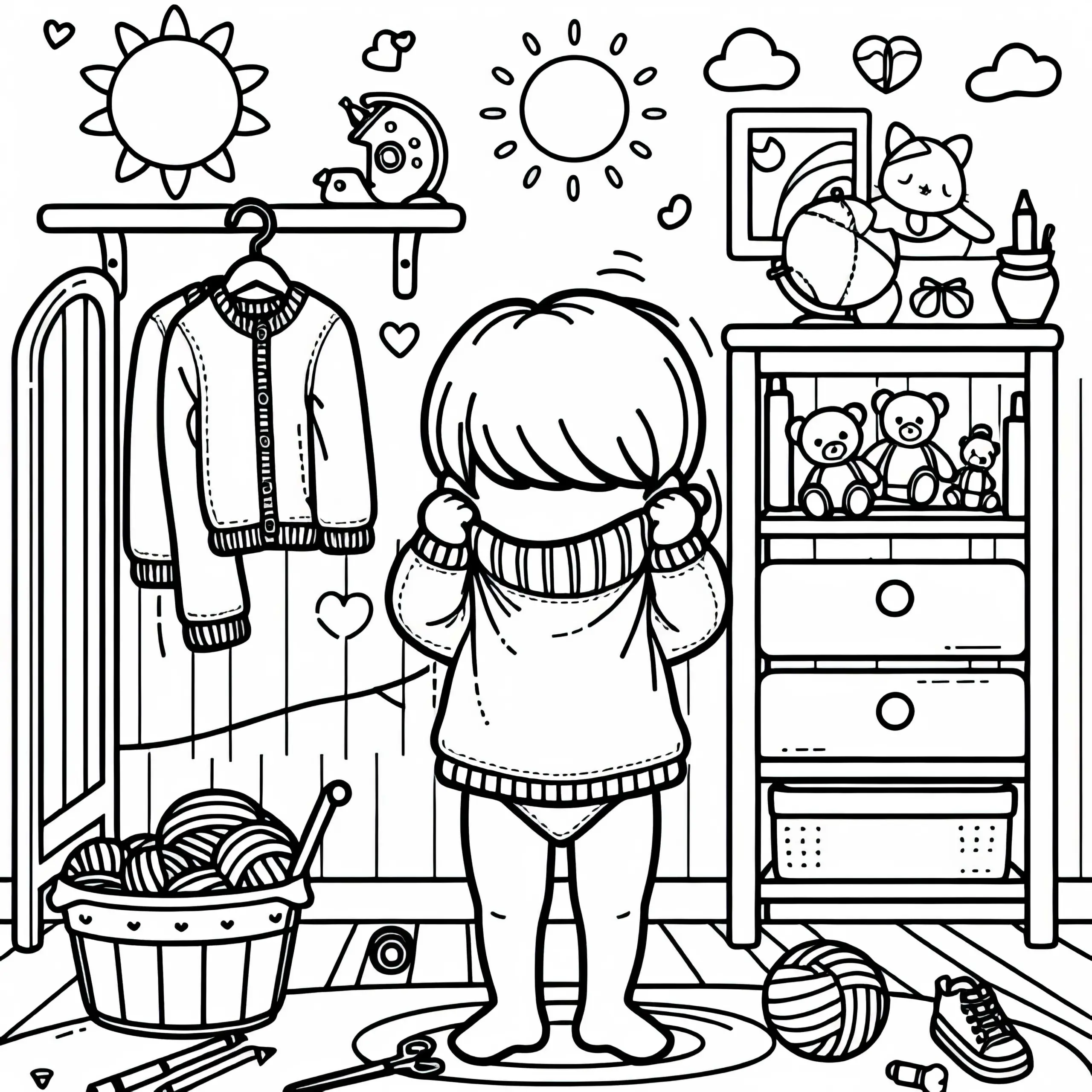 Kind zieht sich einen Pulli über den Kopf im Kinderzimmer – Ausmalbild gratis