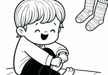 Kind zieht sich Socken an und lacht dabei – Malvorlage kostenlos