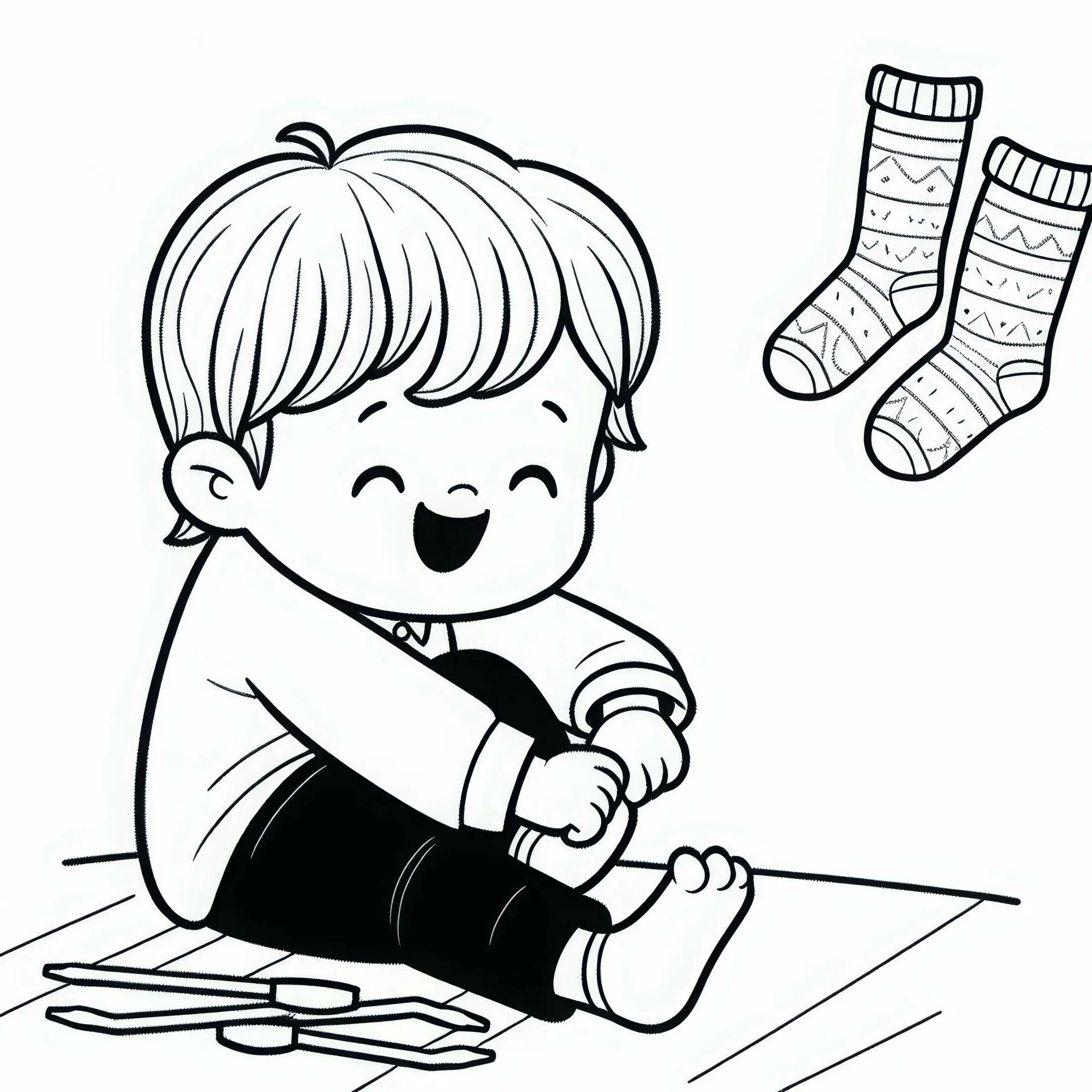 Kind zieht sich Socken an und lacht dabei – Malvorlage kostenlos (Ausmalbild)