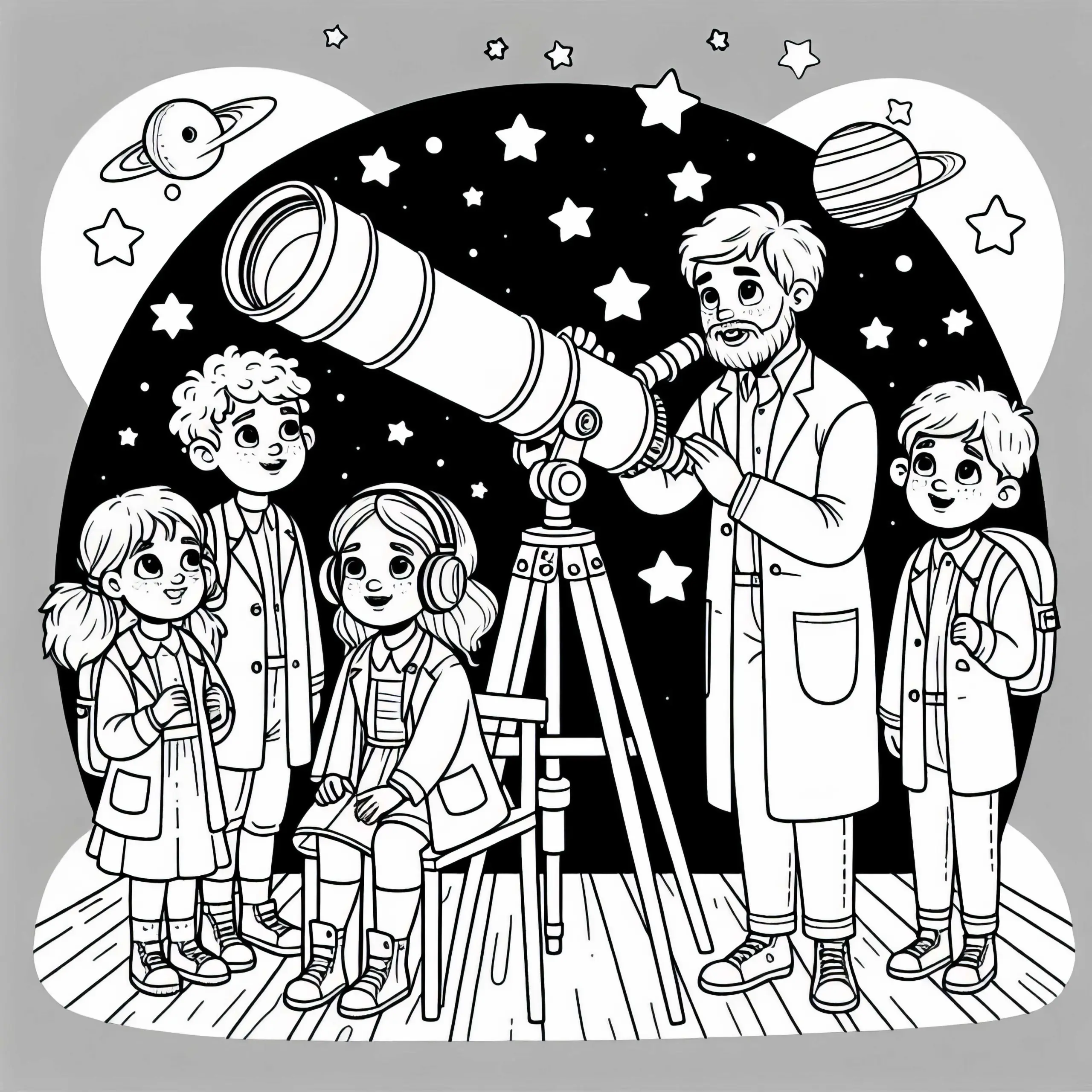Kinder als Astronomen – Malvorlage zum Ausdrucken (Ausmalbild)