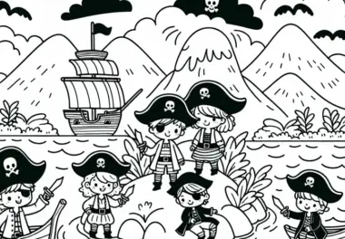 Kinder als Piraten auf einer Insel – Malvorlage gratis