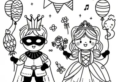 Kinder als Prinzessin und Ritter verkleidet – Einfache und kostenlose Ausmalbilder für Fasching