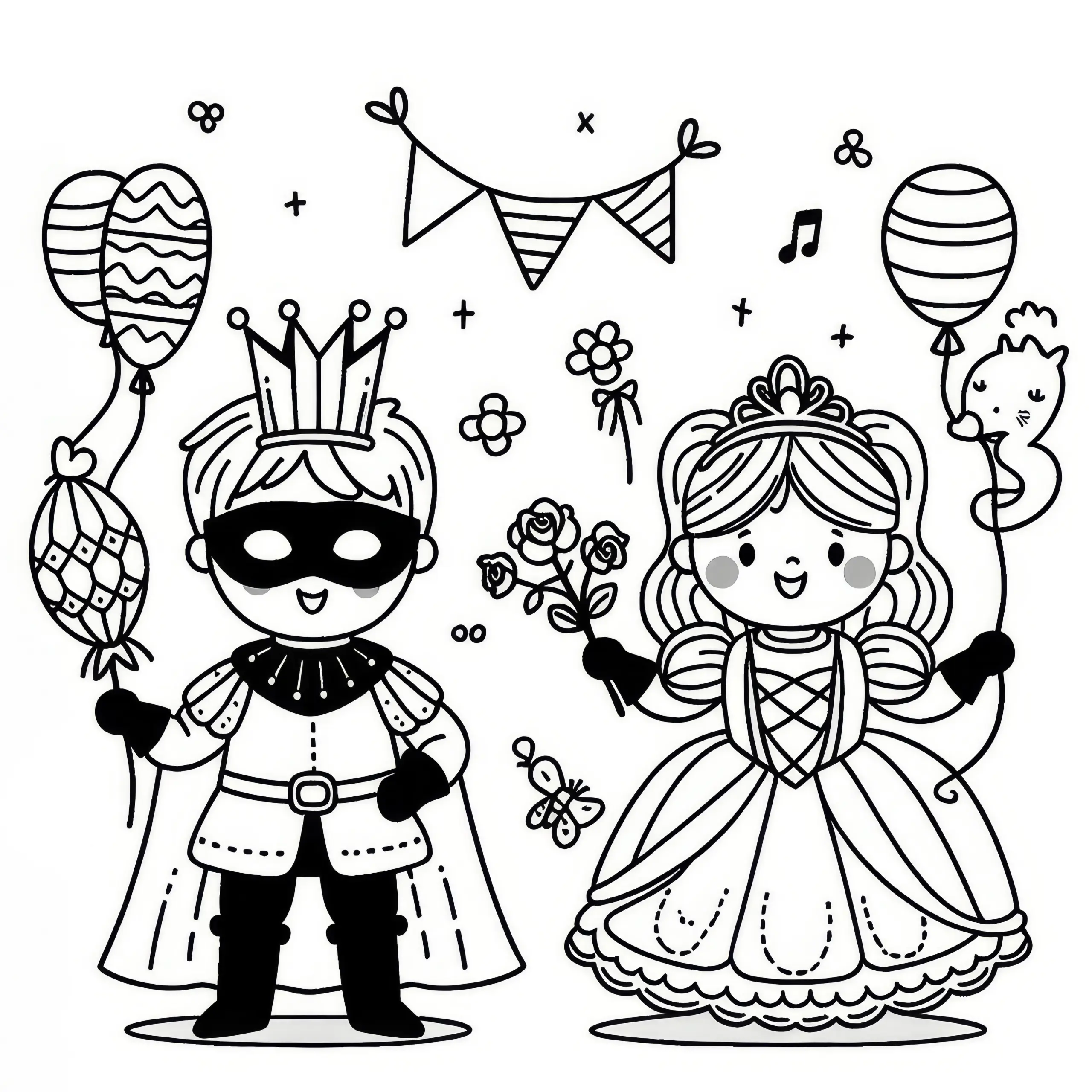 Kinder als Prinzessin und Ritter verkleidet – Einfache und kostenlose Ausmalbilder für Fasching
