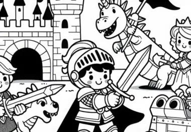 Kinder als Ritter verteidigen ihre Ritterburg gegen Spielzeug-Drachen – Malvorlage gratis