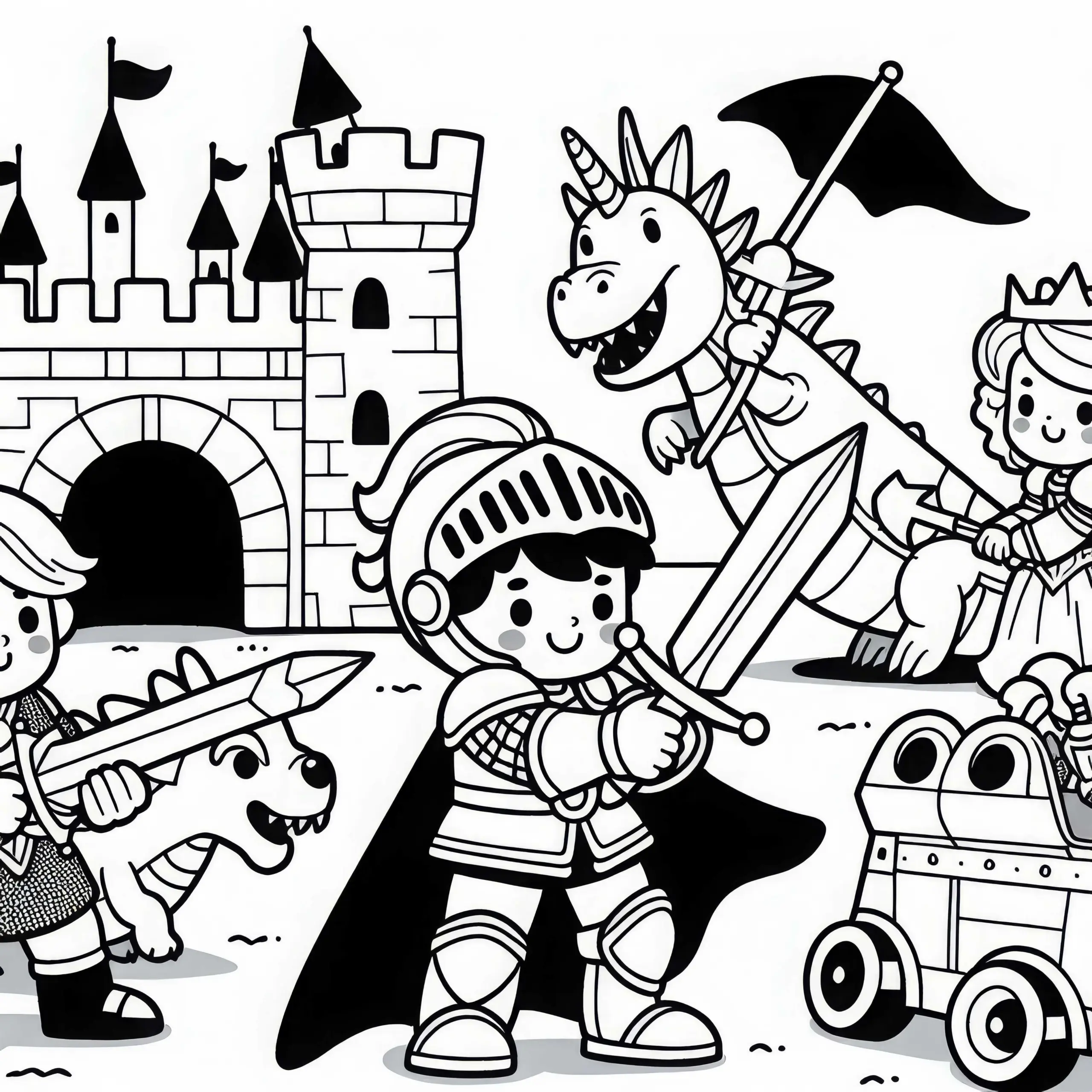 Kinder als Ritter verteidigen ihre Ritterburg gegen Spielzeug-Drachen – Malvorlage gratis (Ausmalbild)