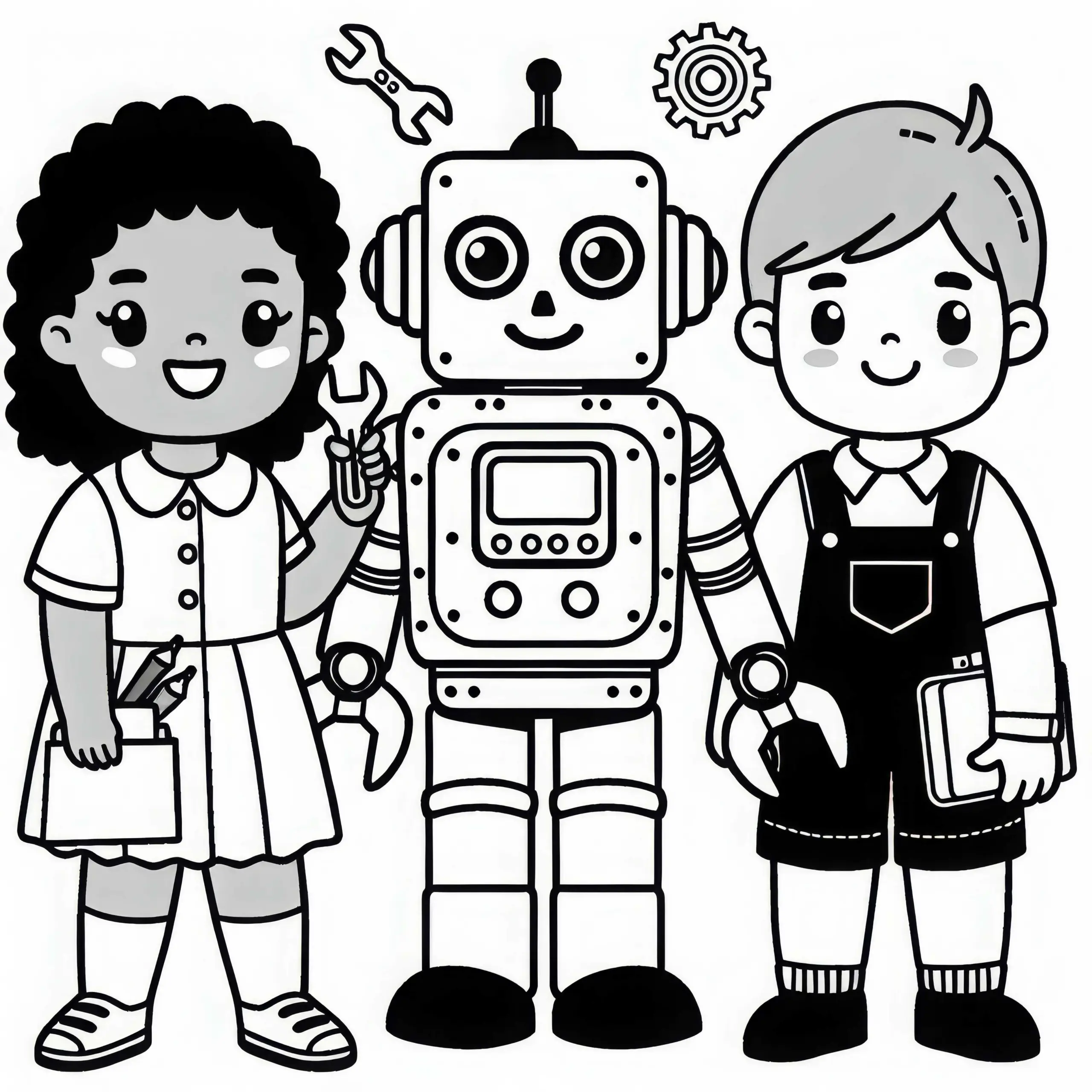 Kinder als Roboterentwickler Malvorlage einfach gratis (Ausmalbild)