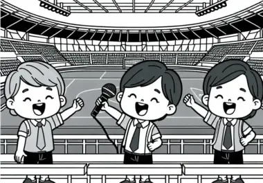 Kinder als Stadionsprecher – Ausmalbild kostenlos