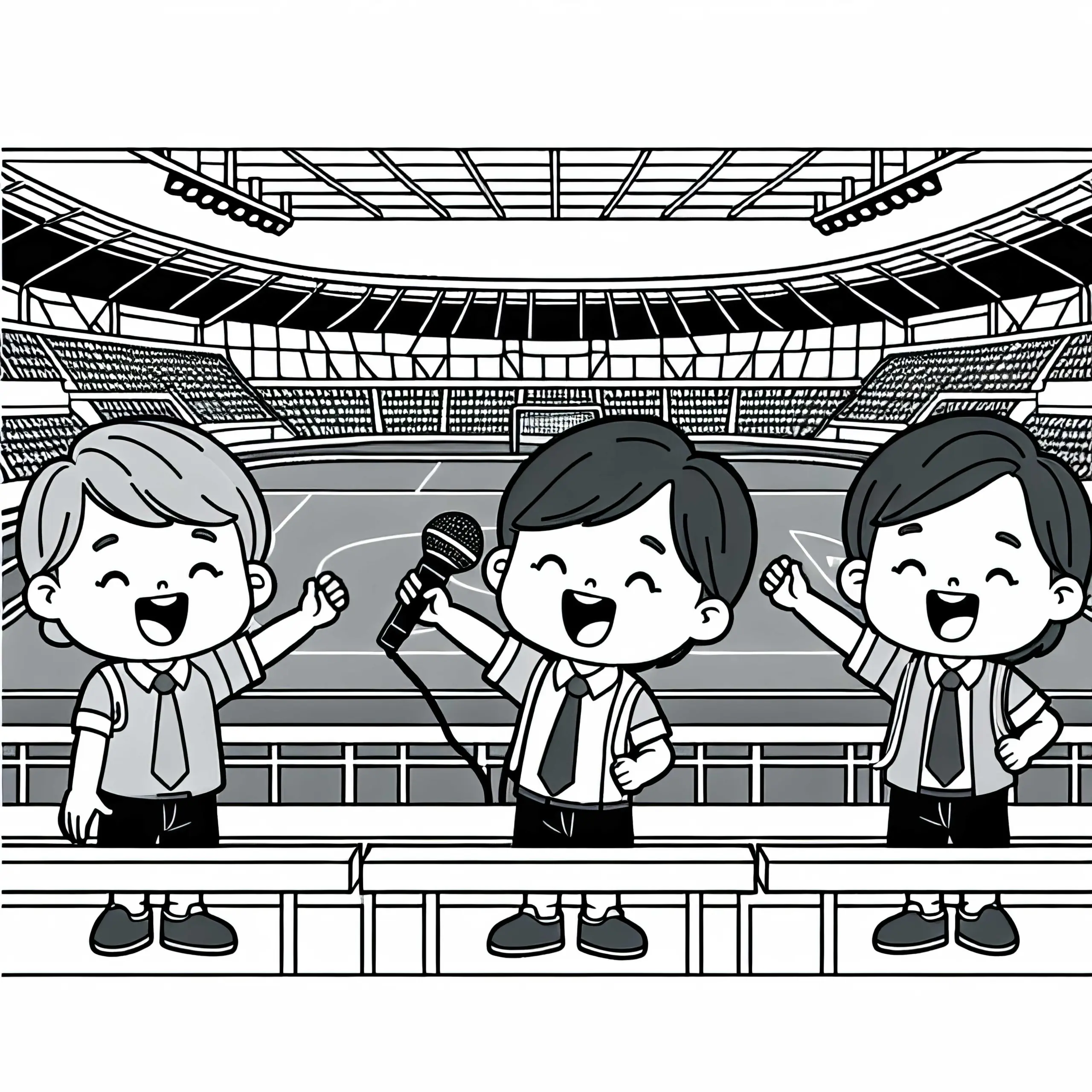 Kinder als Stadionsprecher – Ausmalbild kostenlos