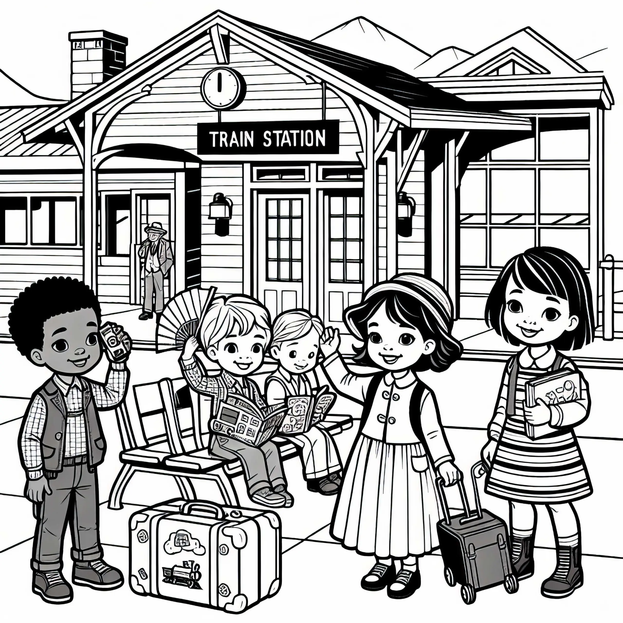 Kinder am Bahnhof Malvorlage Kostenlos (Ausmalbild)