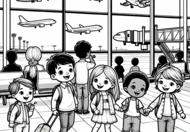 Kinder am Flughafen – Ausmalbild gratis