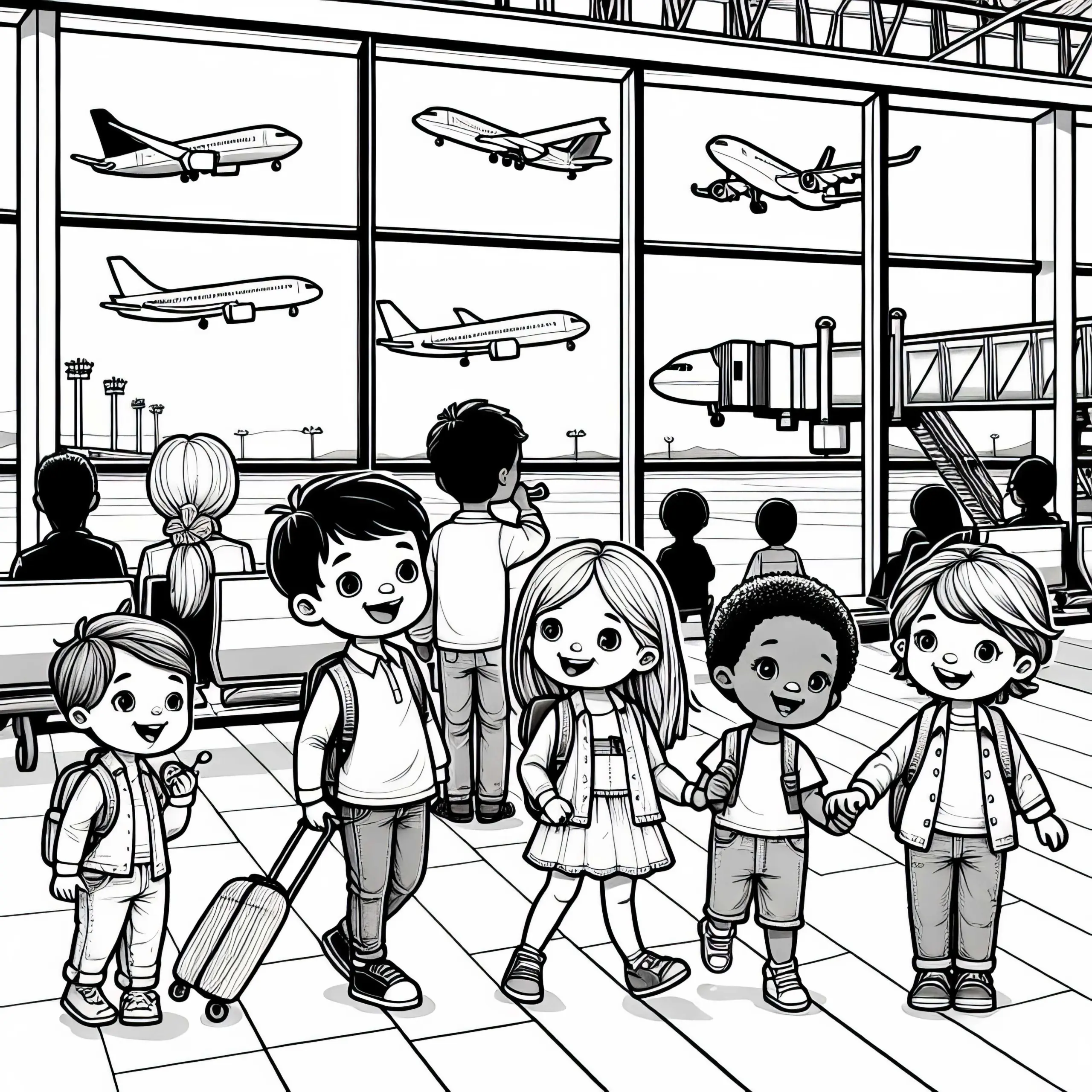 Kinder am Flughafen – Ausmalbild gratis