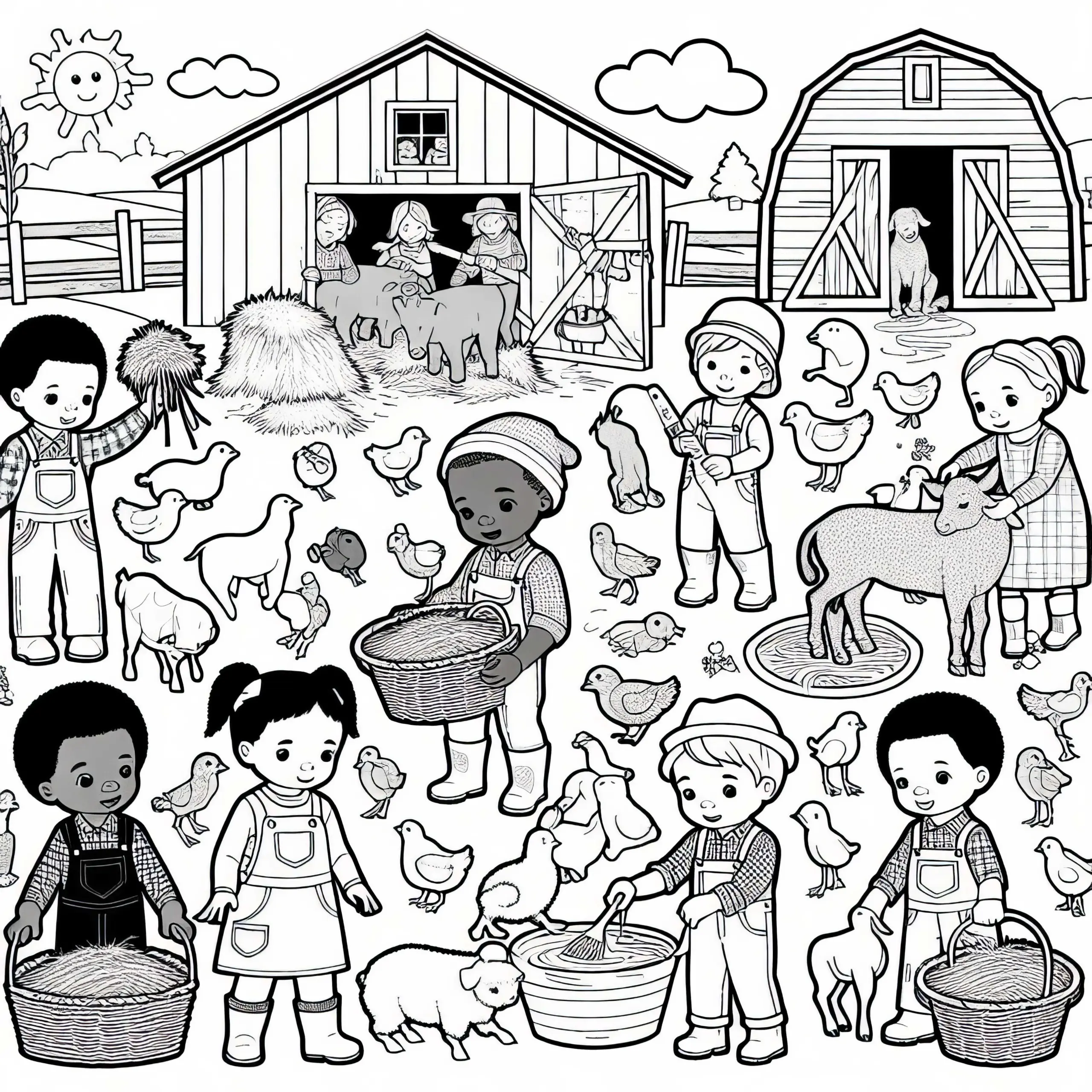 Kinder auf dem Bauernhof – Malvorlage kostenlos (Ausmalbild)