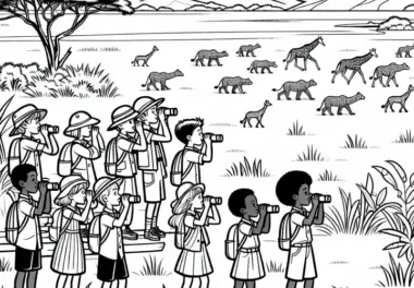 Kinder auf Safari-Tour in der Savanne – Ausmalbild kostenlos