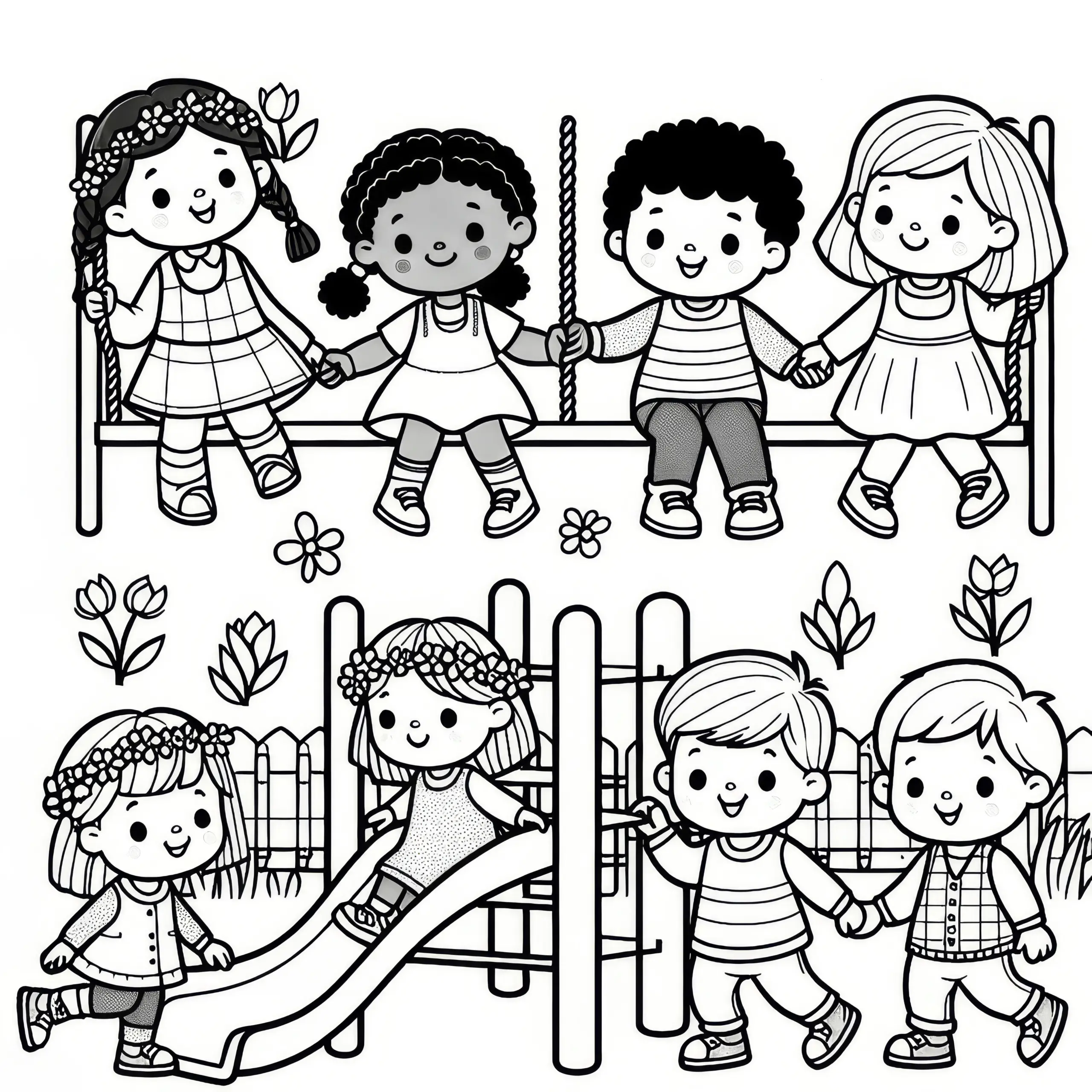 Kinder auf dem Spielplatz im Frühling: kostenloses Ausmalbild
