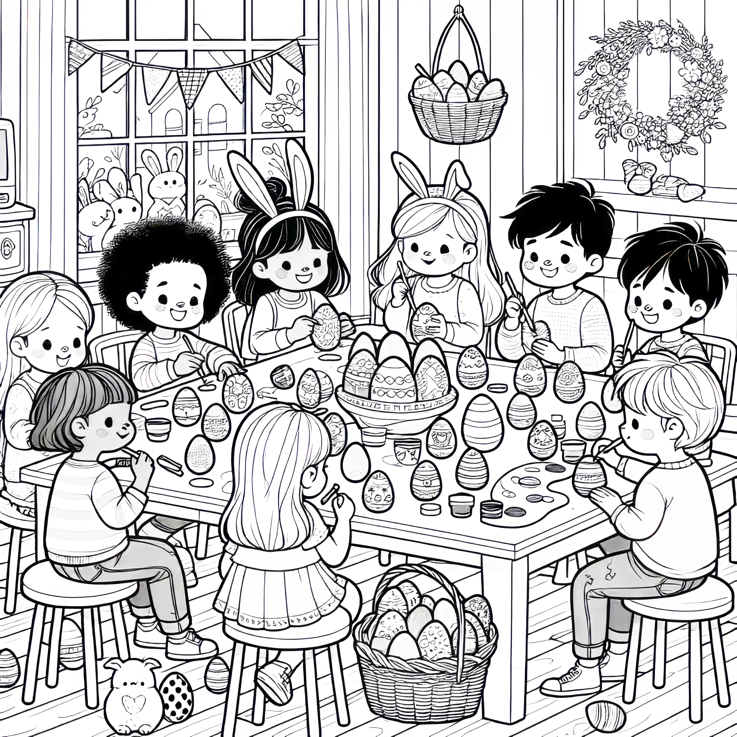 Kinder beim Ausmalen von Ostereiern am Tisch: Malvorlage zum Herunterladen (Gratis) (Ausmalbild)