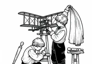 Kinder basteln eine Flugmaschine aus Holz und Stoff – Malvorlage für Erfindungen
