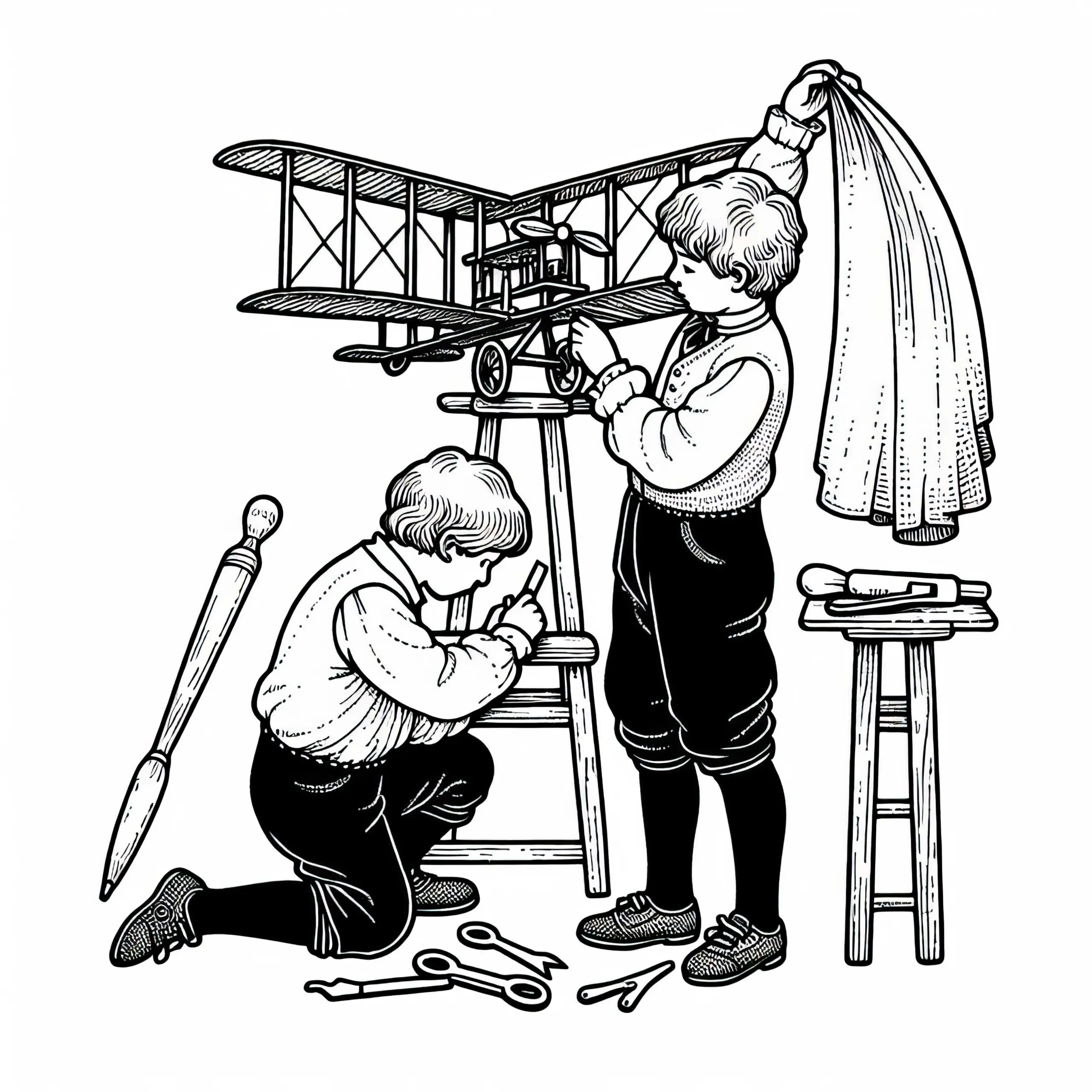 Kinder basteln eine Flugmaschine aus Holz und Stoff – Malvorlage für Erfindungen (Ausmalbild)